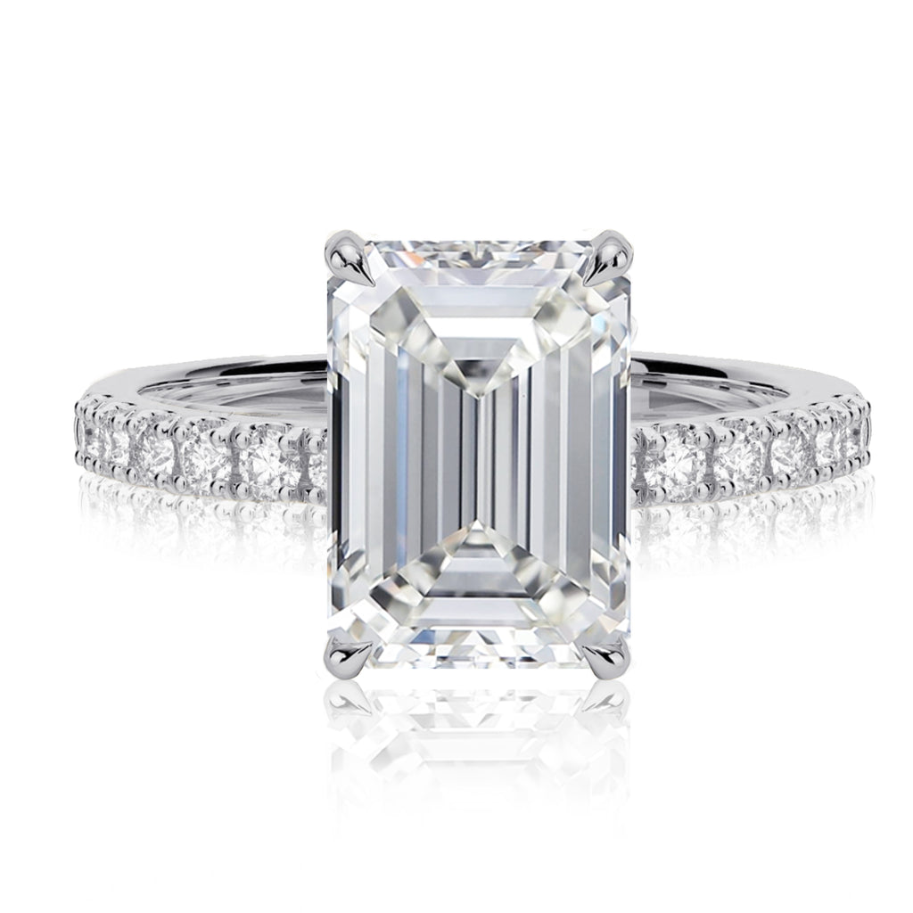 18K White Gold Emerald Cut Diamond Halo Pave' Engagement Ring