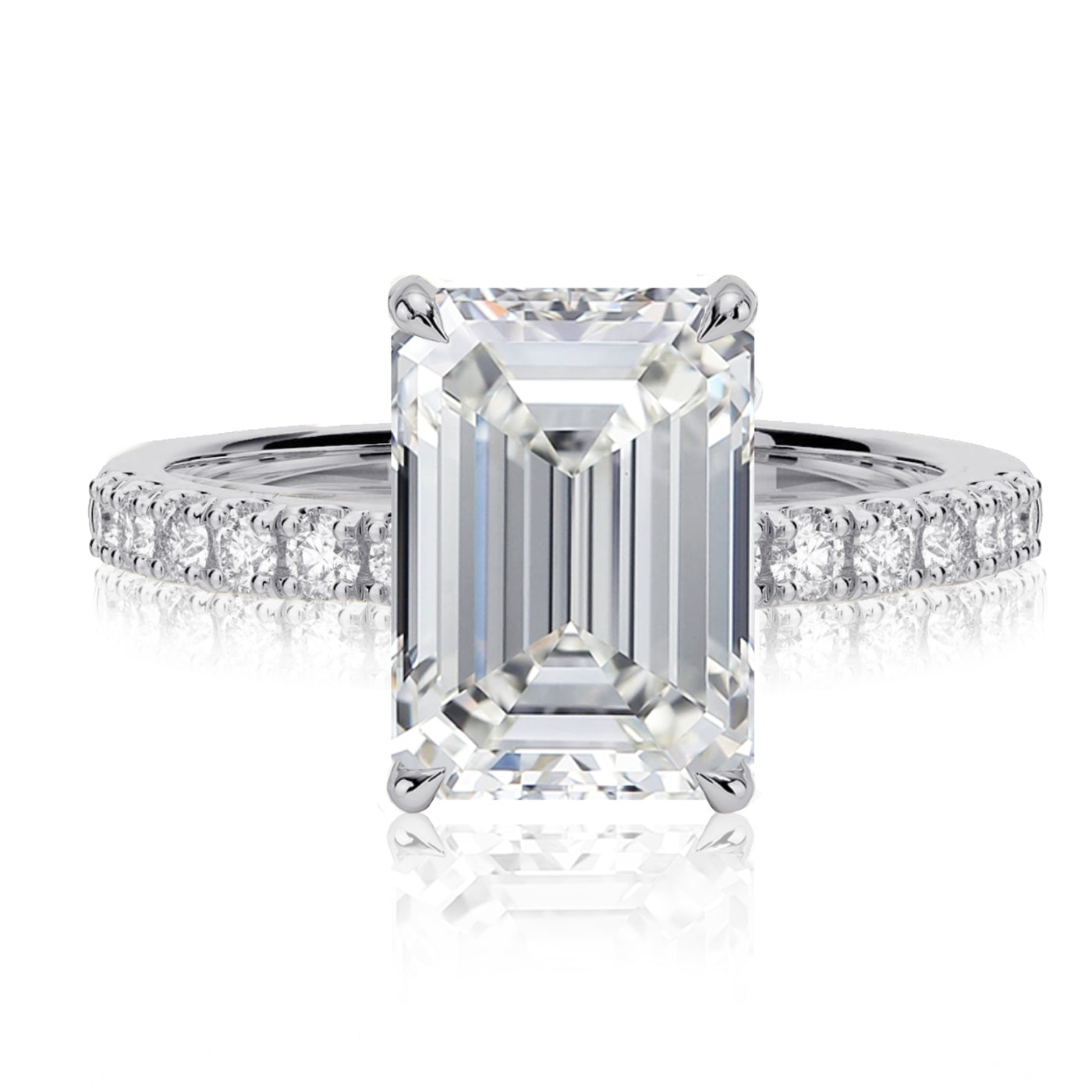 18K White Gold Emerald Cut Diamond Hidden Halo Pave' Engagement Ring