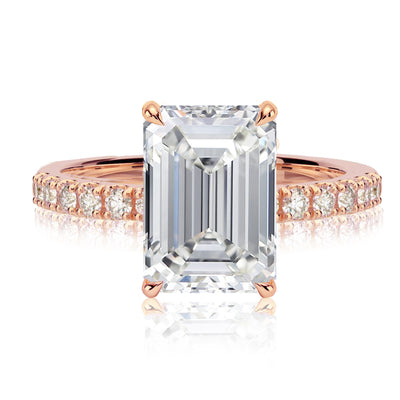 18K White Gold Emerald Cut Diamond Hidden Halo Pave' Engagement Ring