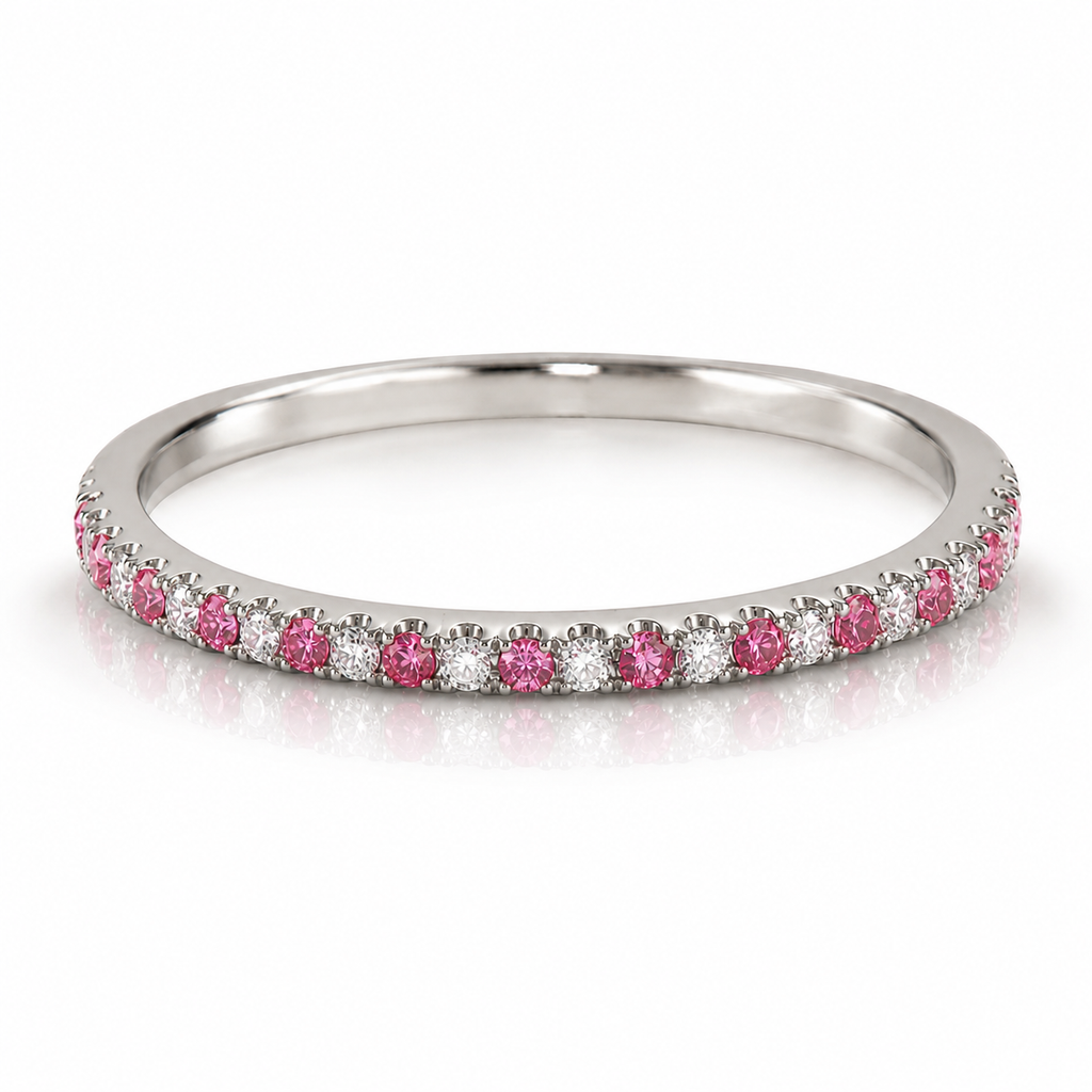 18K White Gold Natural Diamond & Pink Sapphire Eternity wedding Band Ring