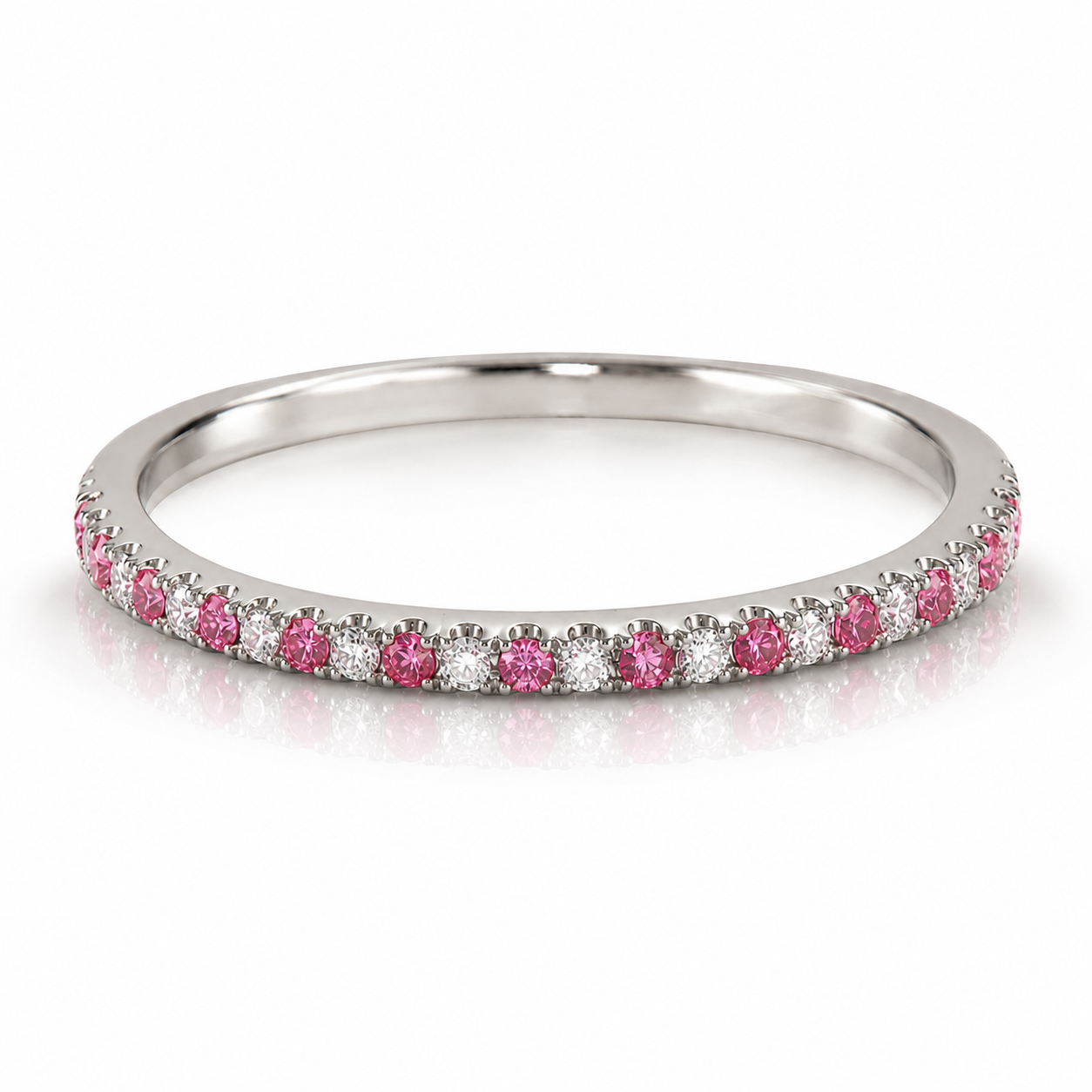 18K White Gold Natural Diamond & Pink Sapphire Eternity wedding Band Ring
