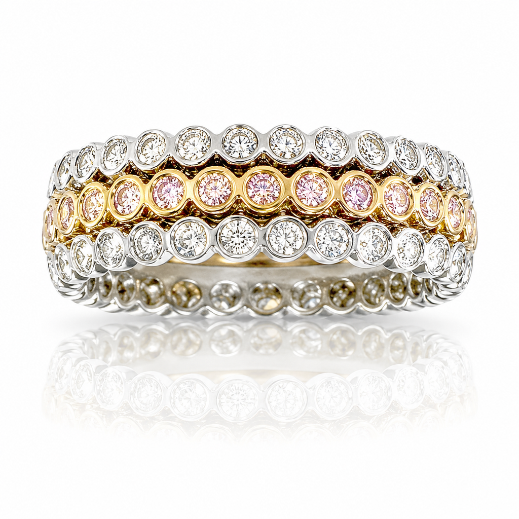 Platinum 18K Rose Gold Natural  Fancy Pink & Colorless Diamonds Bezel Set Band  -