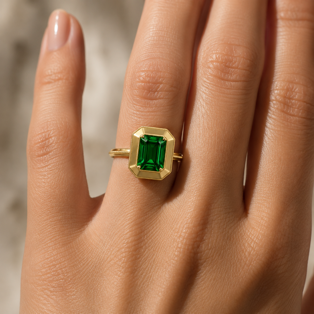 14k Yellow Gold Green Emerald Milgrain Ring - 1.40 ct