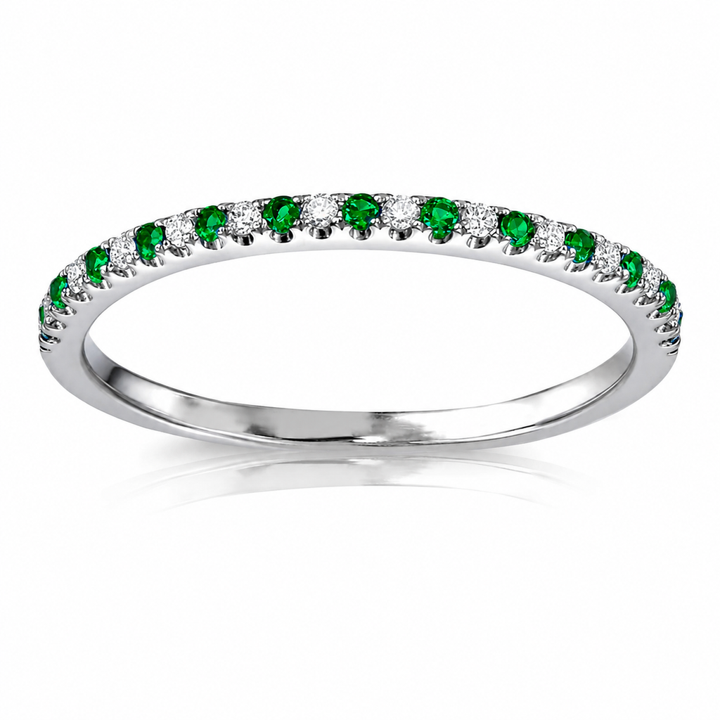 18K White Gold  Brilliant Round Natural Diamond &  Green Tsavorite Garnets Eternity wedding Band Ring