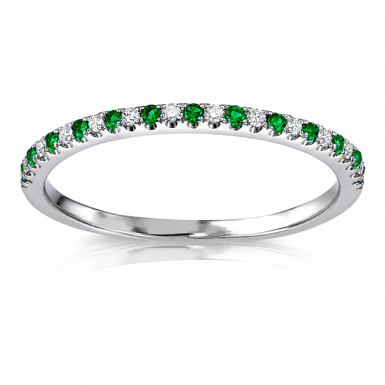 18K White Gold  Brilliant Round Natural Diamond &  Green Tsavorite Garnets Eternity wedding Band Ring