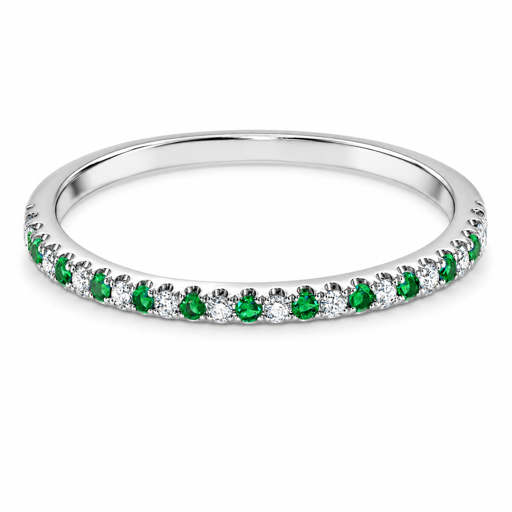 18K White Gold  Brilliant Round Natural Diamond &  Green Tsavorite Garnets Eternity wedding Band Ring
