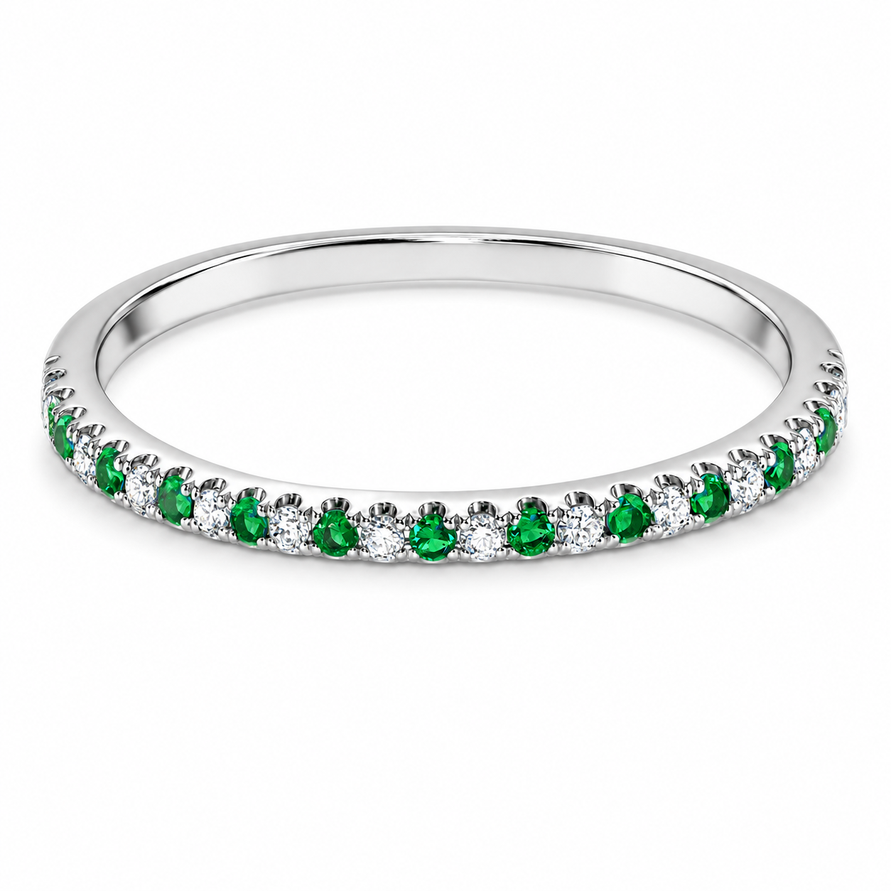 18K White Gold  Brilliant Round Natural Diamond &  Green Tsavorite Garnets Eternity wedding Band Ring