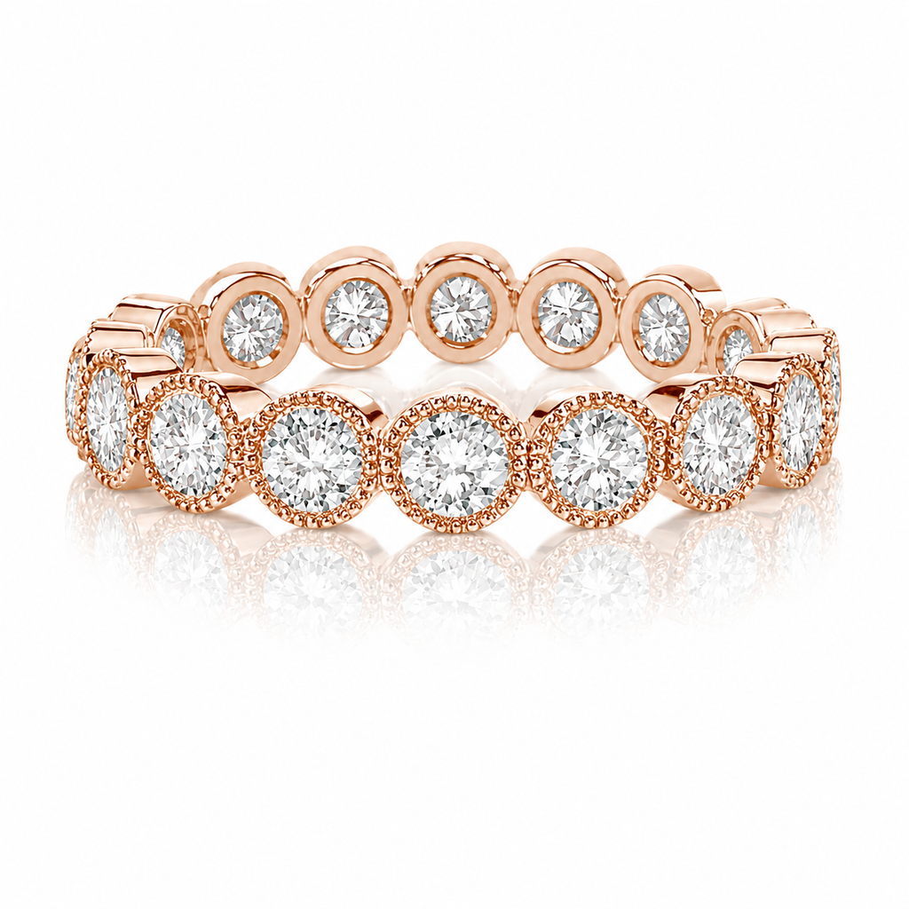 18k Rose Gold Natural Diamond Bezel Set Milgrain Eternity wedding Band Ring