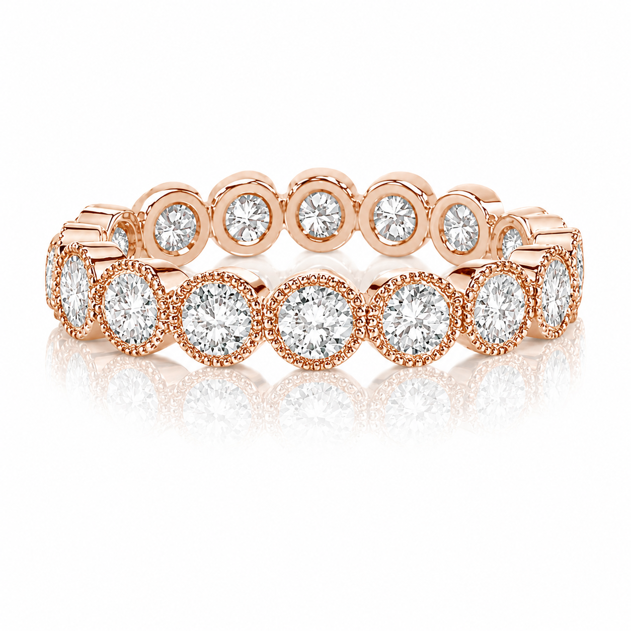 18k Rose Gold Natural Diamond Bezel Set Milgrain Eternity wedding Band Ring