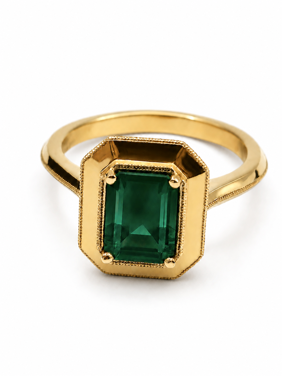 14k Yellow Gold Green Emerald Milgrain Ring - 1.40 ct