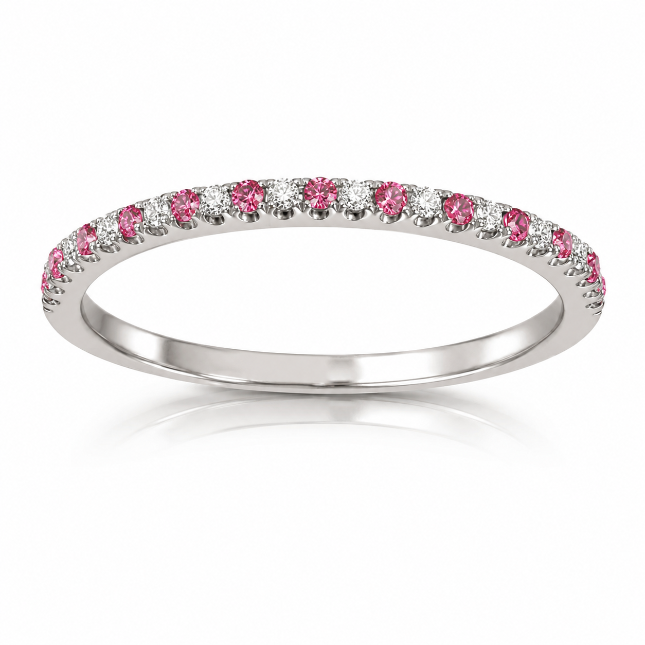 18K White Gold Natural Diamond & Pink Sapphire Eternity wedding Band Ring