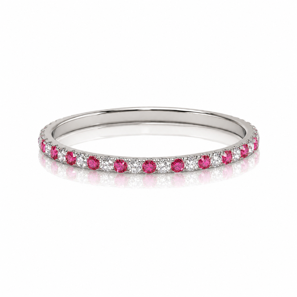 18K White Gold Natural Diamond & Pink Sapphire Eternity wedding Band Ring