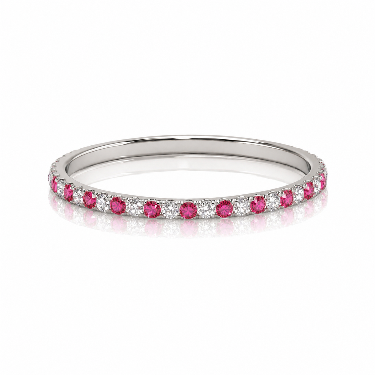 18K White Gold Natural Diamond & Pink Sapphire Eternity wedding Band Ring