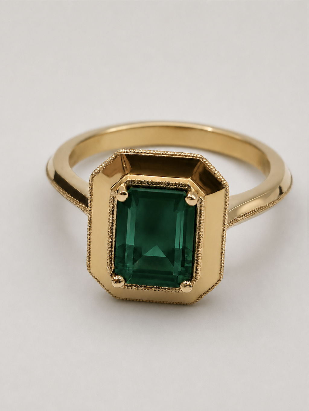 14k Yellow Gold Green Emerald Milgrain Ring - 1.40 ct