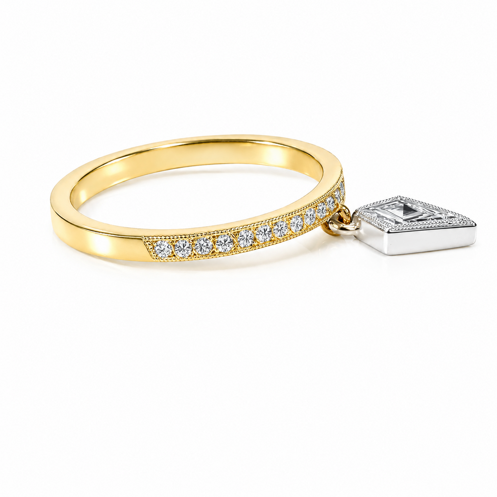 18k Yellow & White Gold Natural Diamonds Noble Cut Dangling Charm  Ring