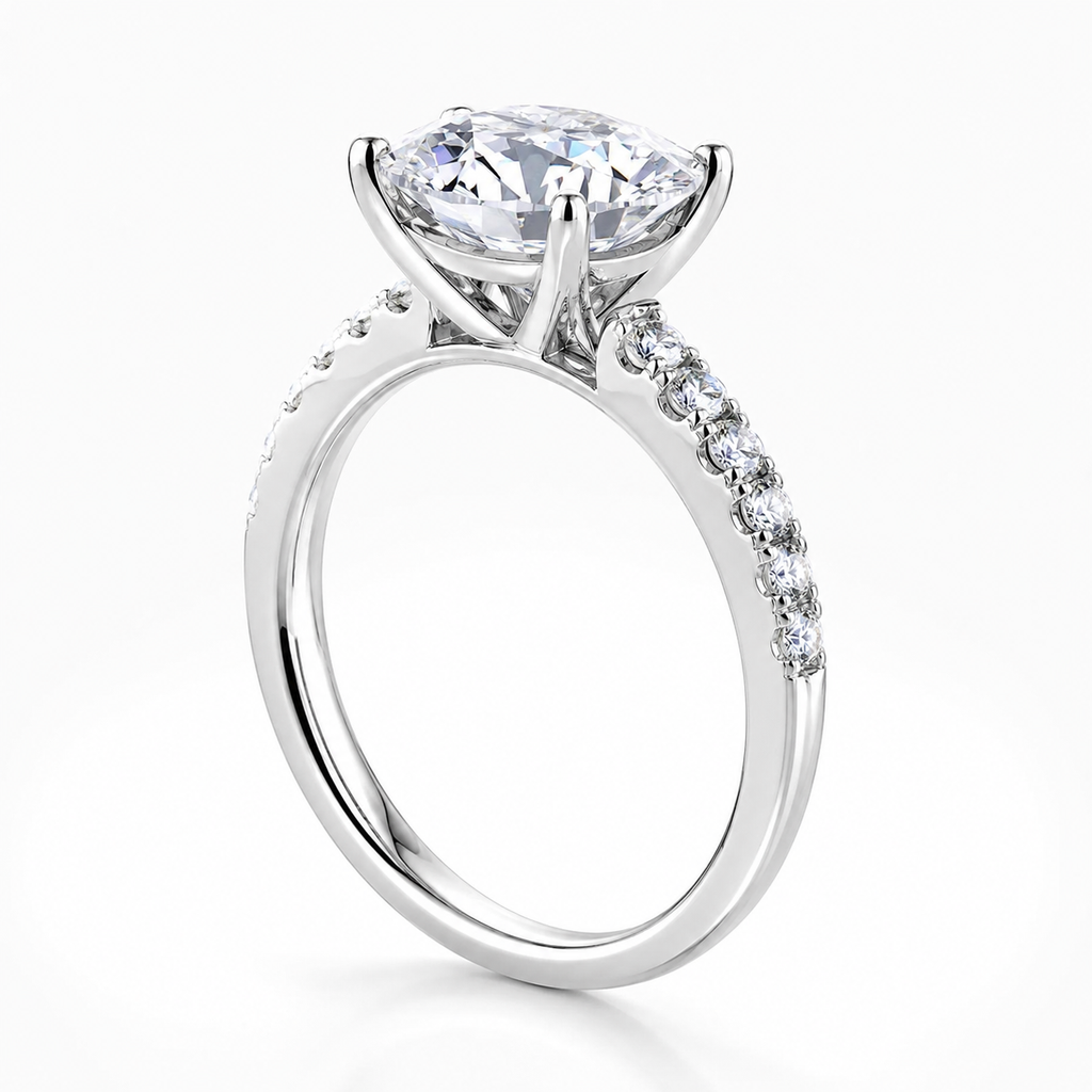 Pave Round 18K Head & Band Engagement Ring