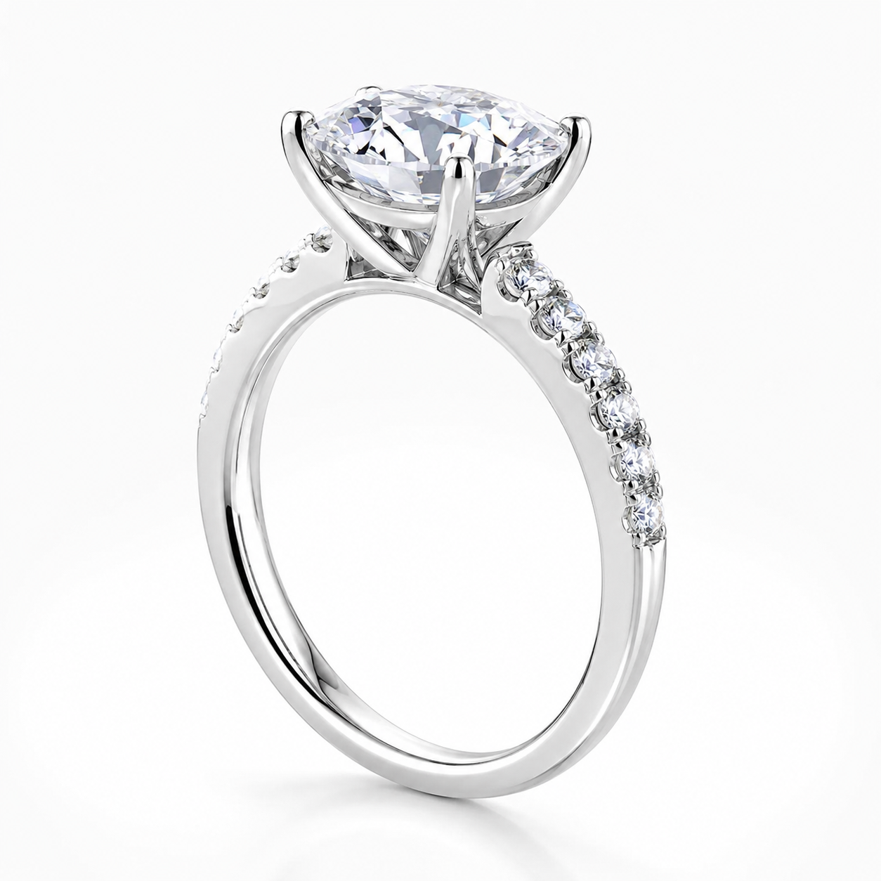 Pave Round 18K Head & Band Engagement Ring