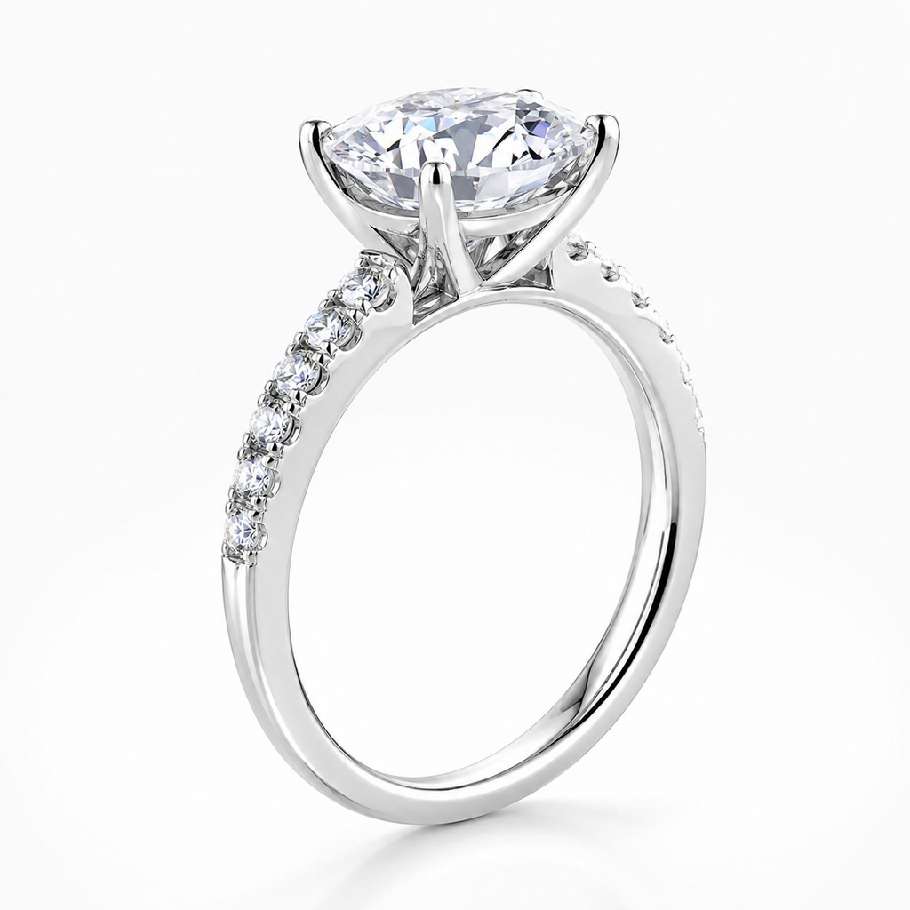 Pave Round 18K Head & Band Engagement Ring