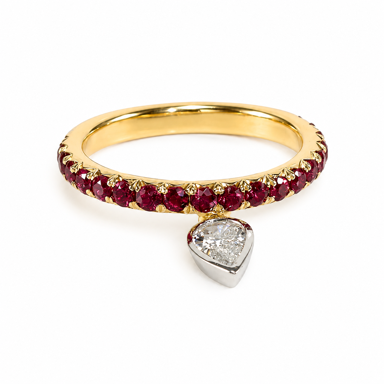 18k White & Rose Gold Natural Ruby Dangle Drop / Pear Shape Diamond Charm Ring