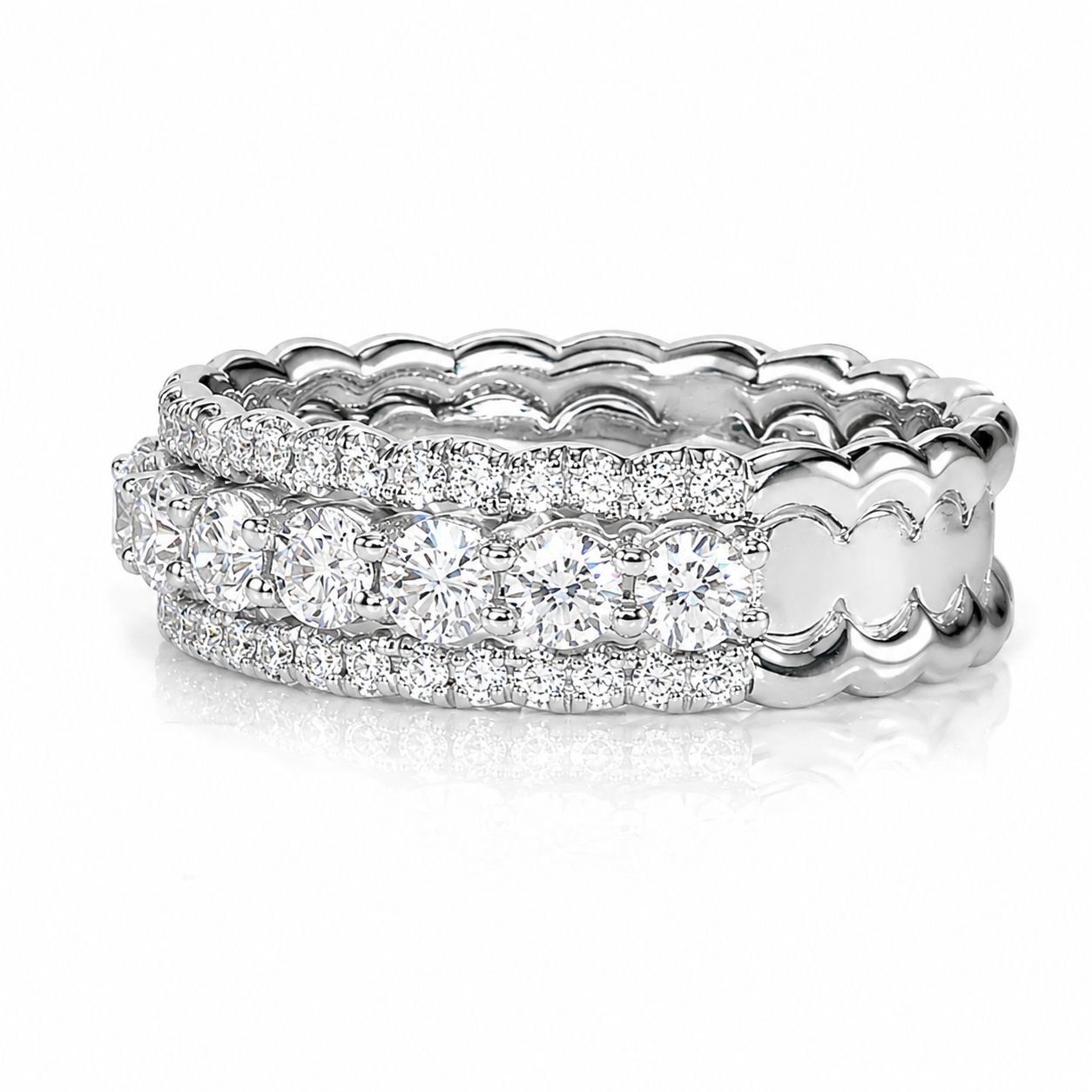 18k White Gold Natural Diamond Scalloped Bridal Engagement Band Ring