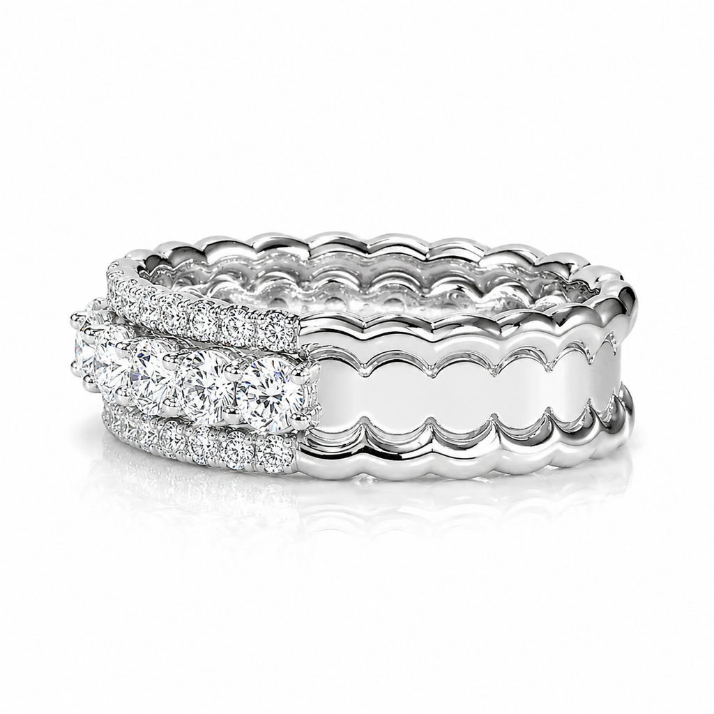 18k White Gold Natural Diamond Scalloped Bridal Engagement Band Ring