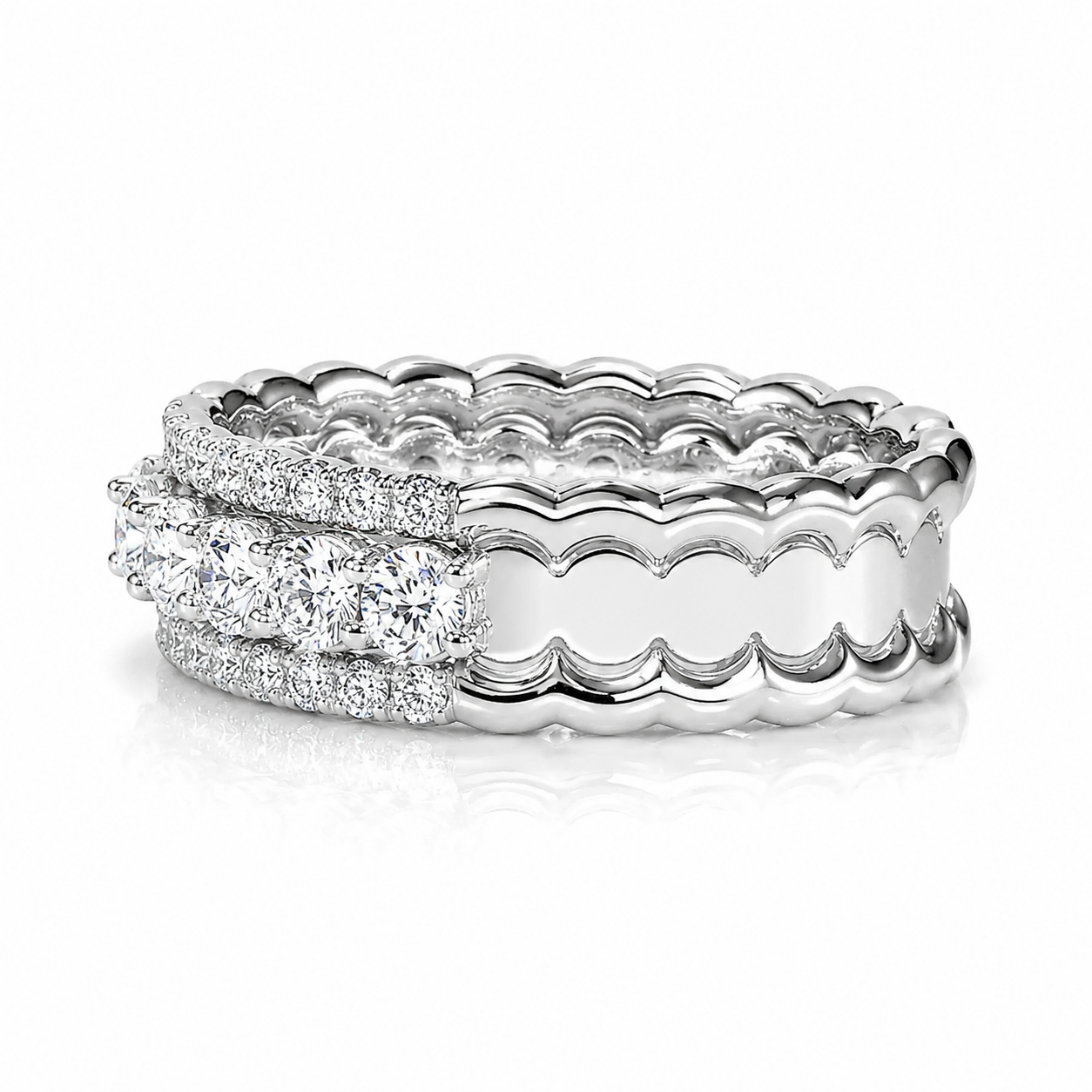 18k White Gold Natural Diamond Scalloped Bridal Engagement Band Ring