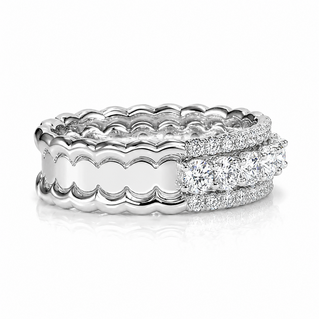 18k White Gold Natural Diamond Scalloped Bridal Engagement Band Ring