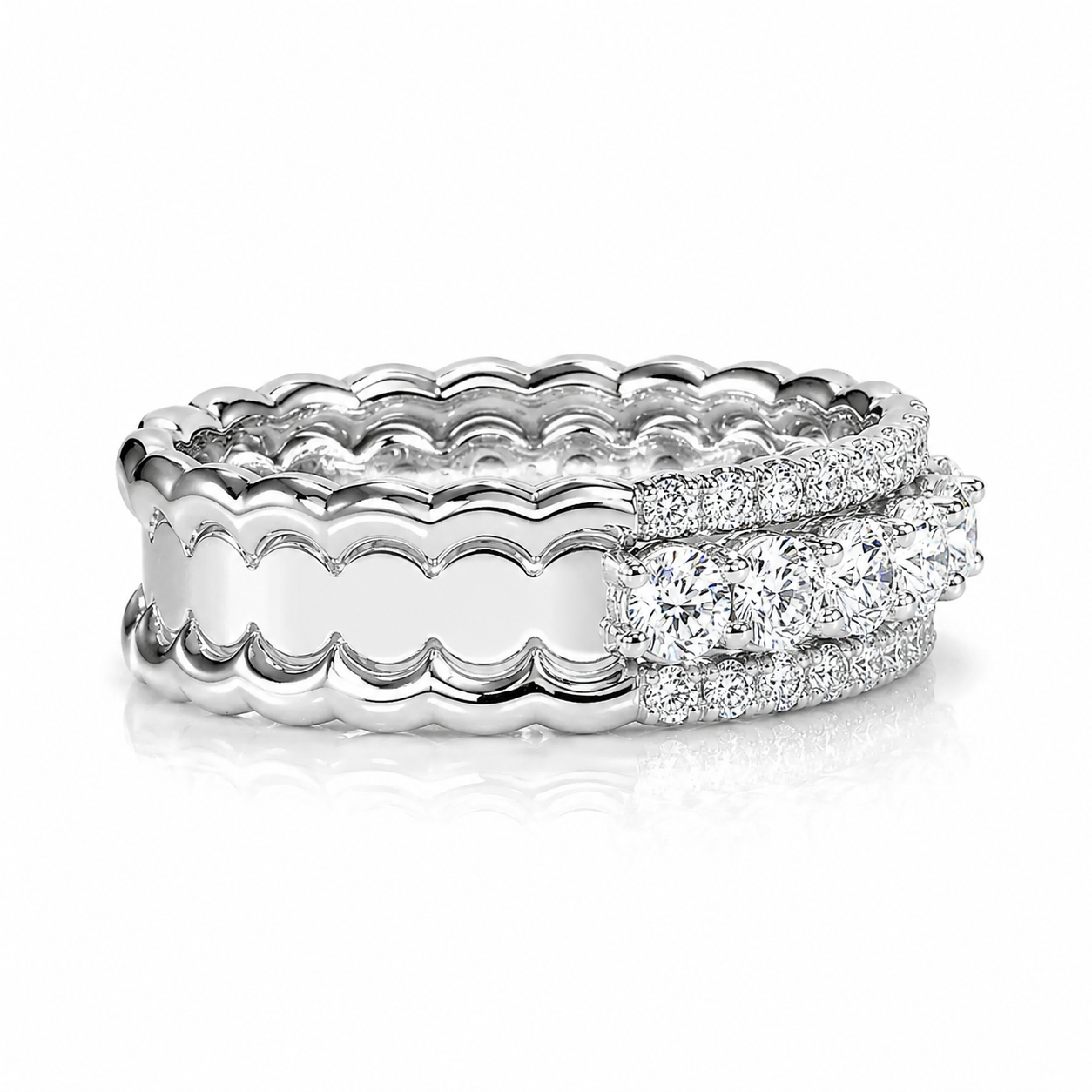 18k White Gold Natural Diamond Scalloped Bridal Engagement Band Ring