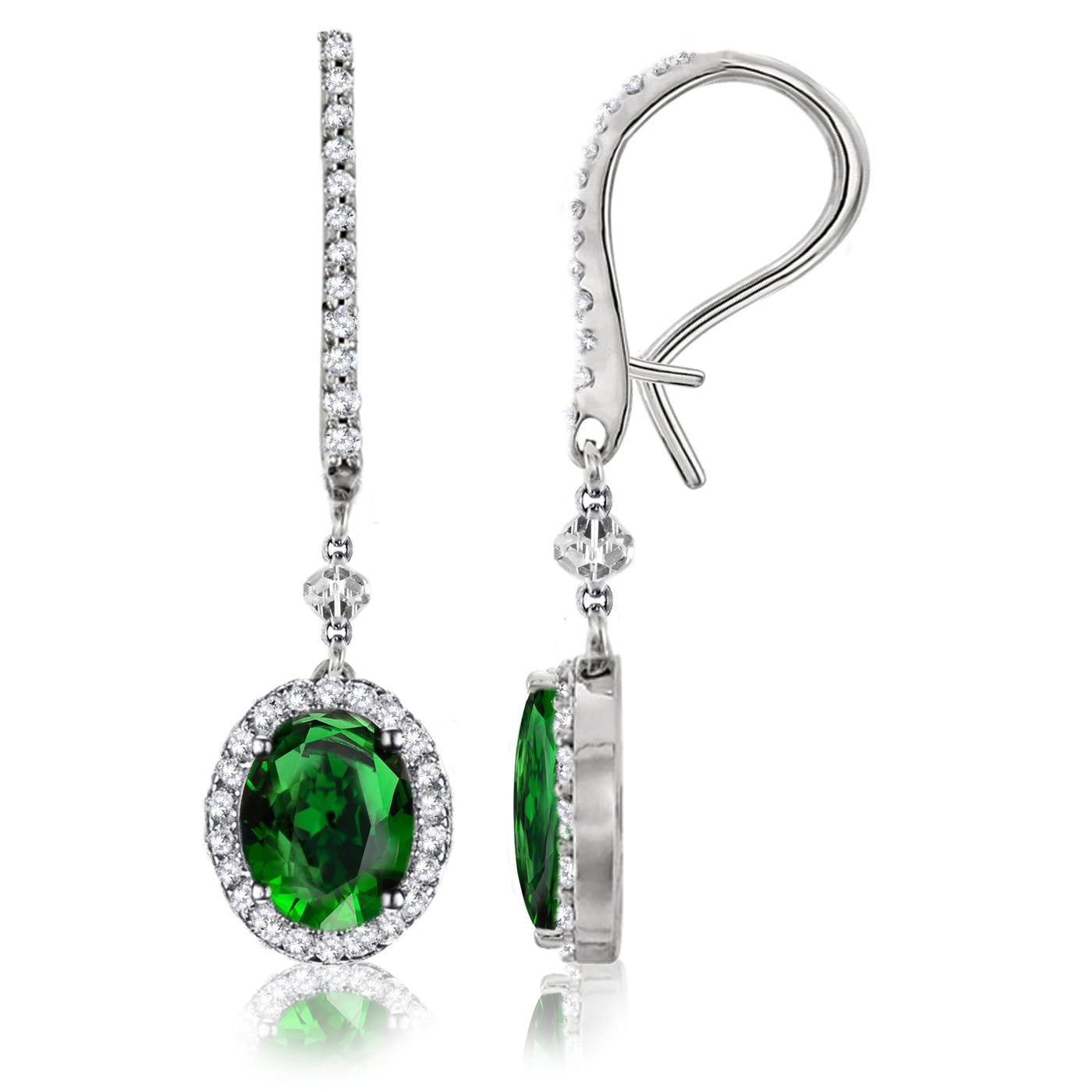 18K White Gold Green Emeralds Natural Diamonds Halo Dangle Earrings