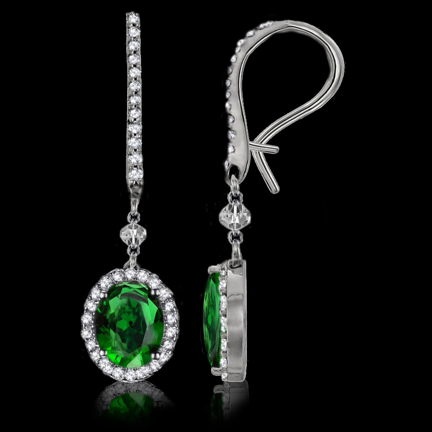 18K White Gold Green Emeralds Natural Diamonds Halo Dangle Earrings