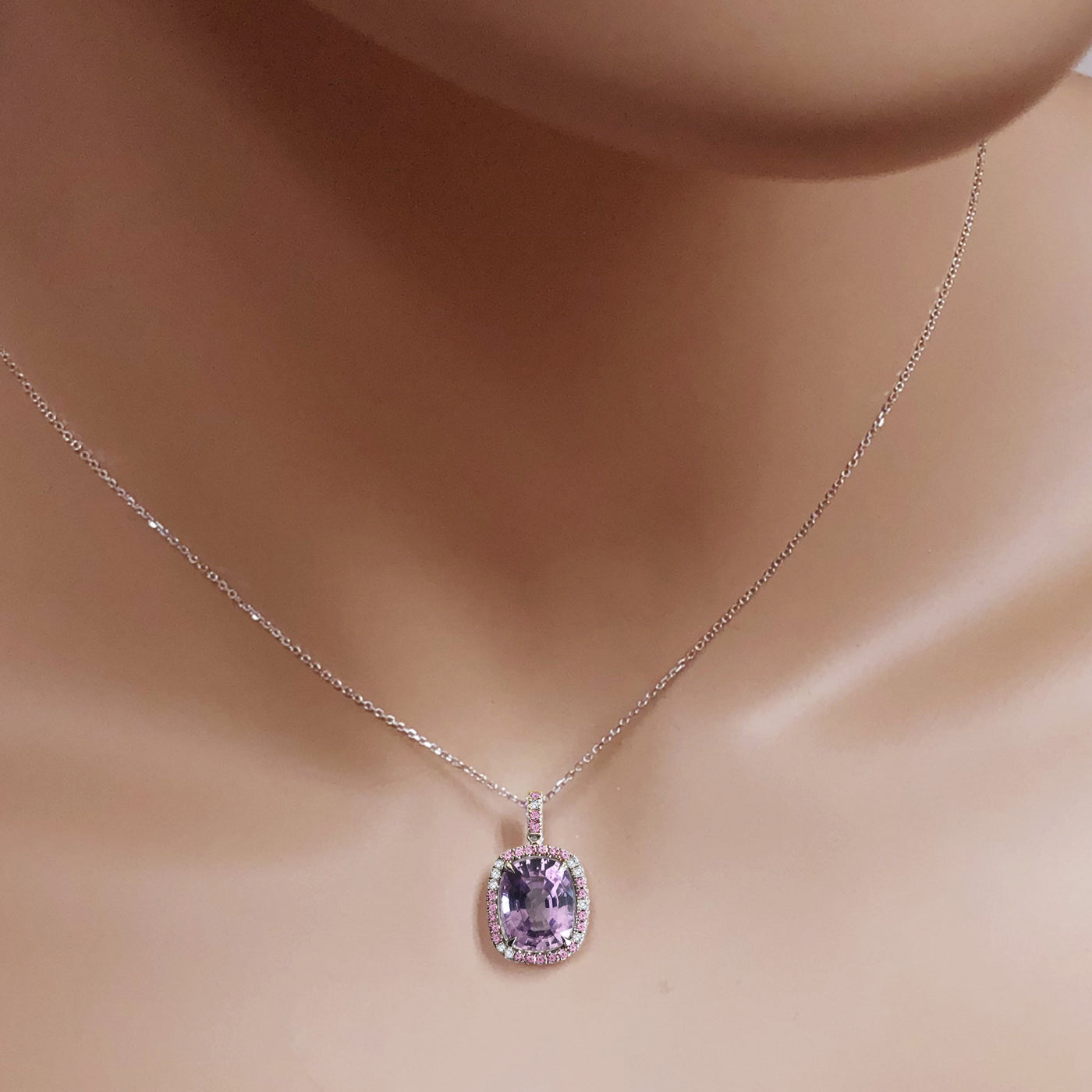 18K White Gold Lilac Spinel, Diamonds and Pink Sapphires Halo Pendant Necklace