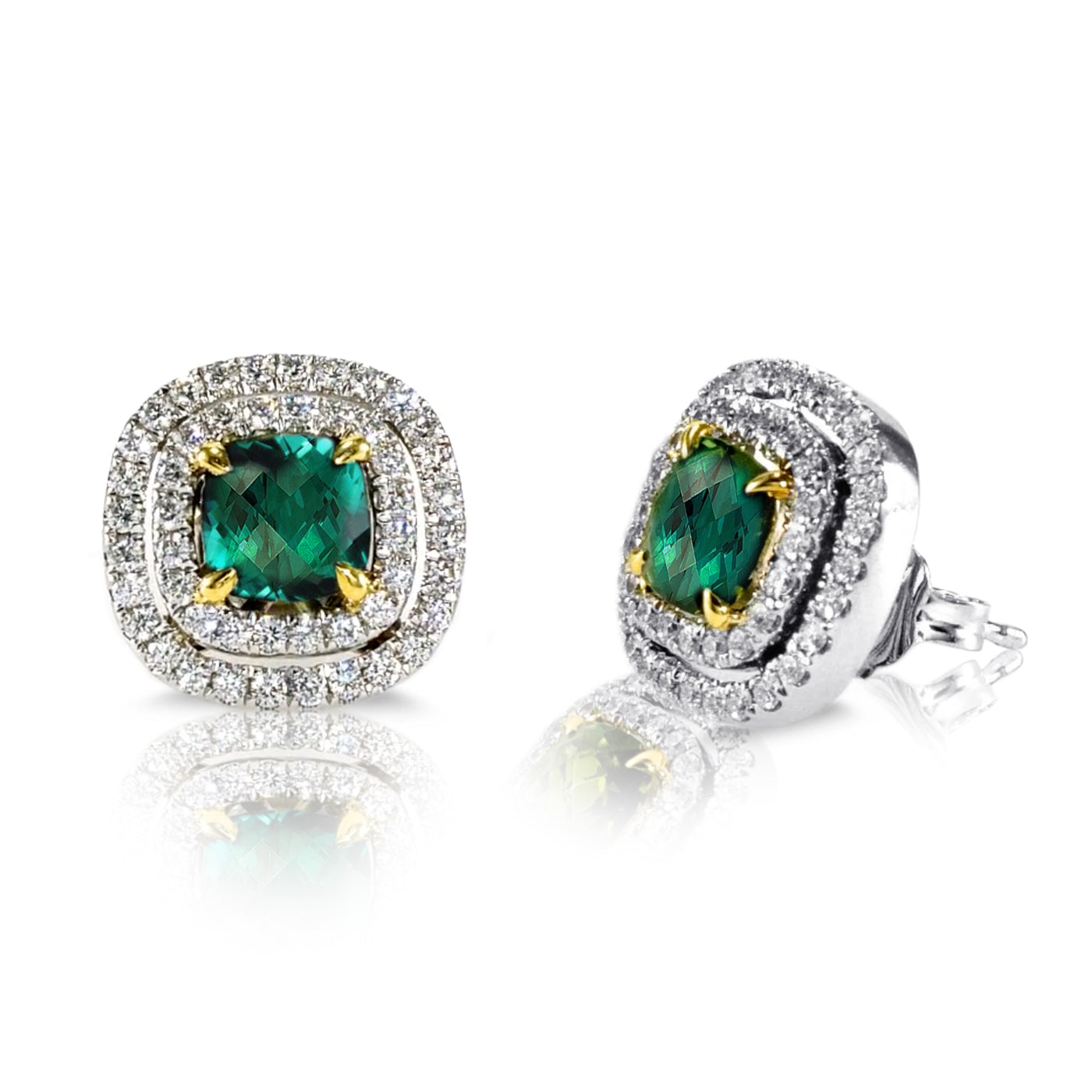 18K White & Yellow Gold Natural Diamonds Green Tourmaline Double Halo  Stud Earrings