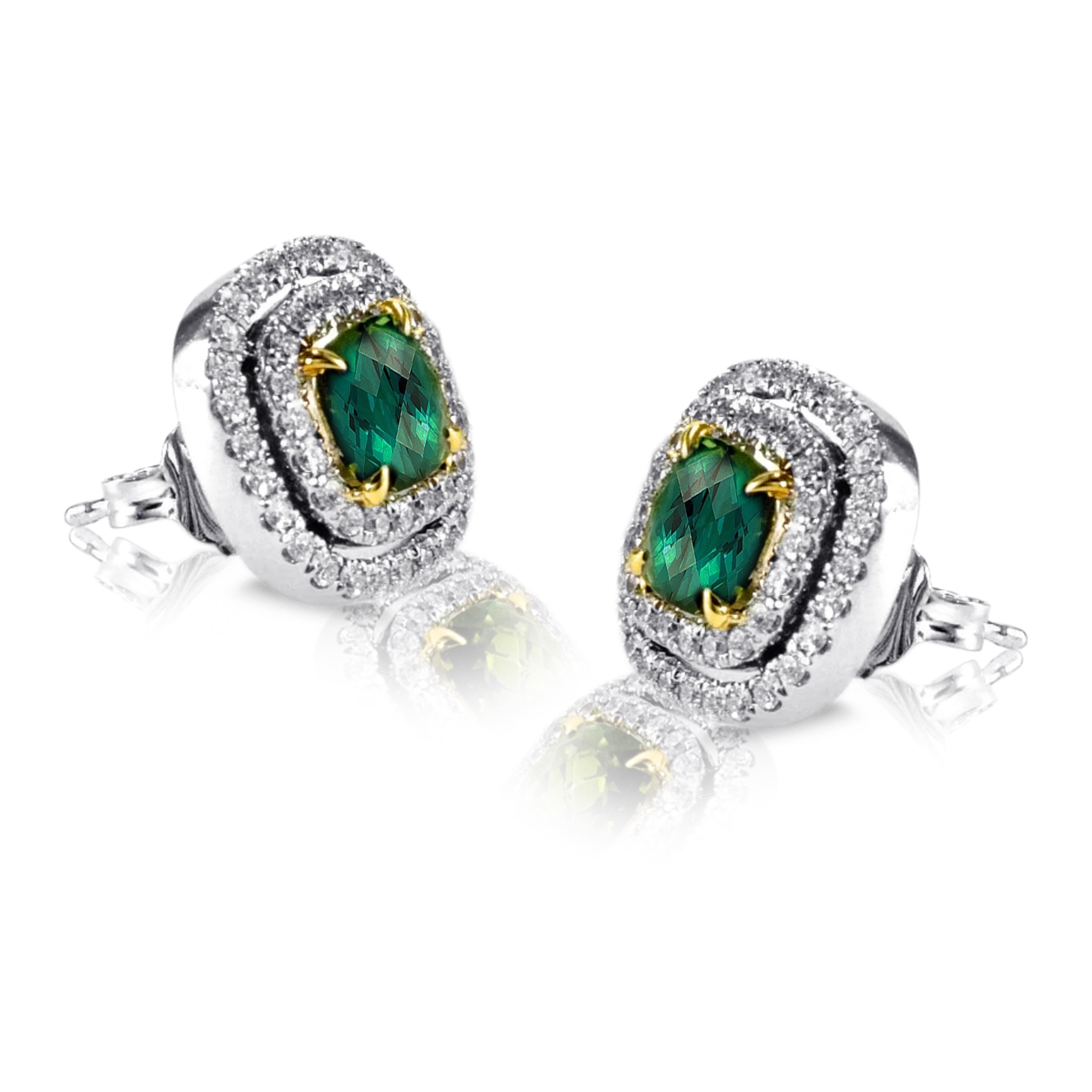 18K White & Yellow Gold Natural Diamonds Green Tourmaline Double Halo  Stud Earrings