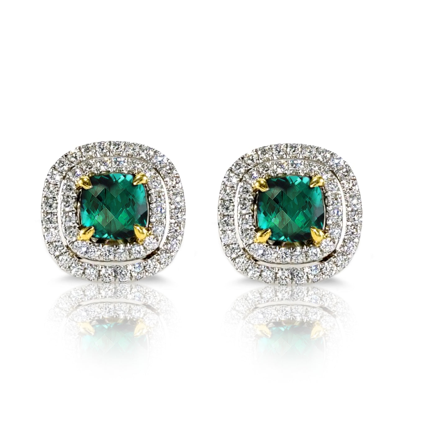 18K White & Yellow Gold Natural Diamonds Green Tourmaline Double Halo  Stud Earrings