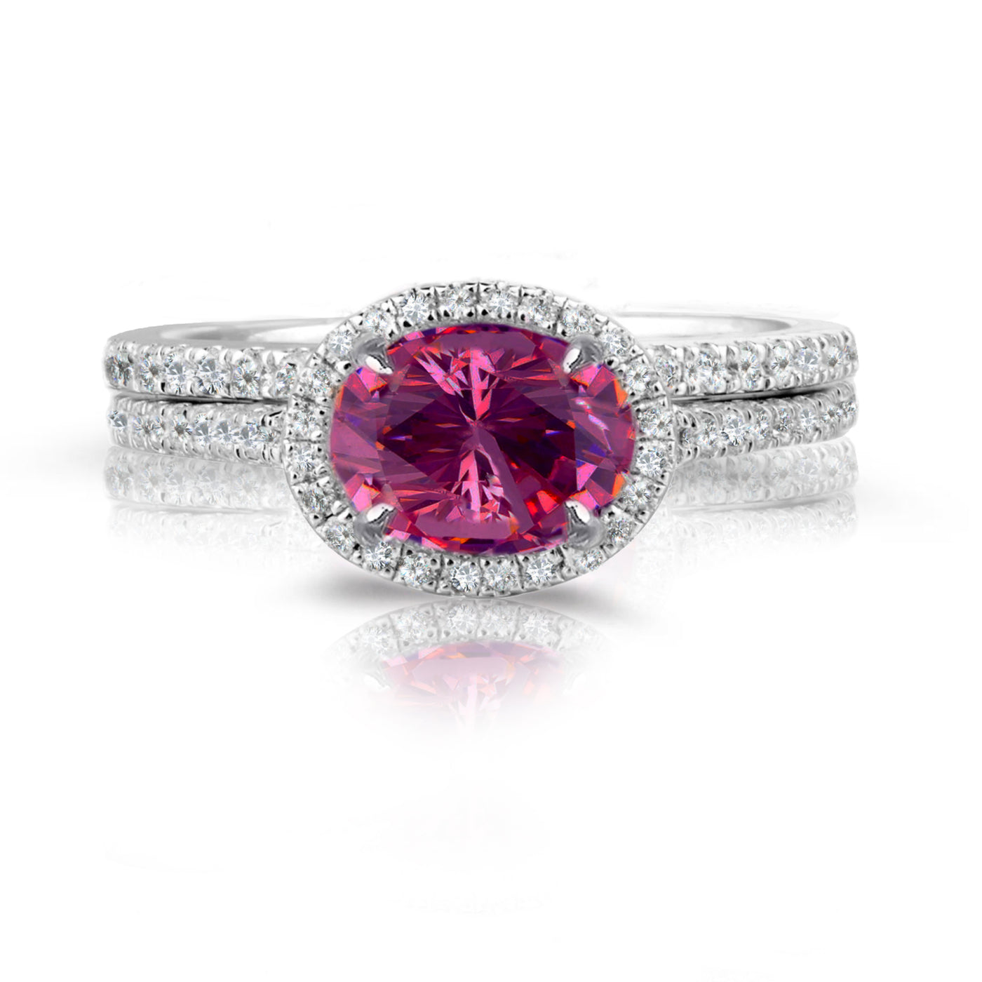 18K White Gold East West  Pink Tourmaline Diamonds Engagement Ring