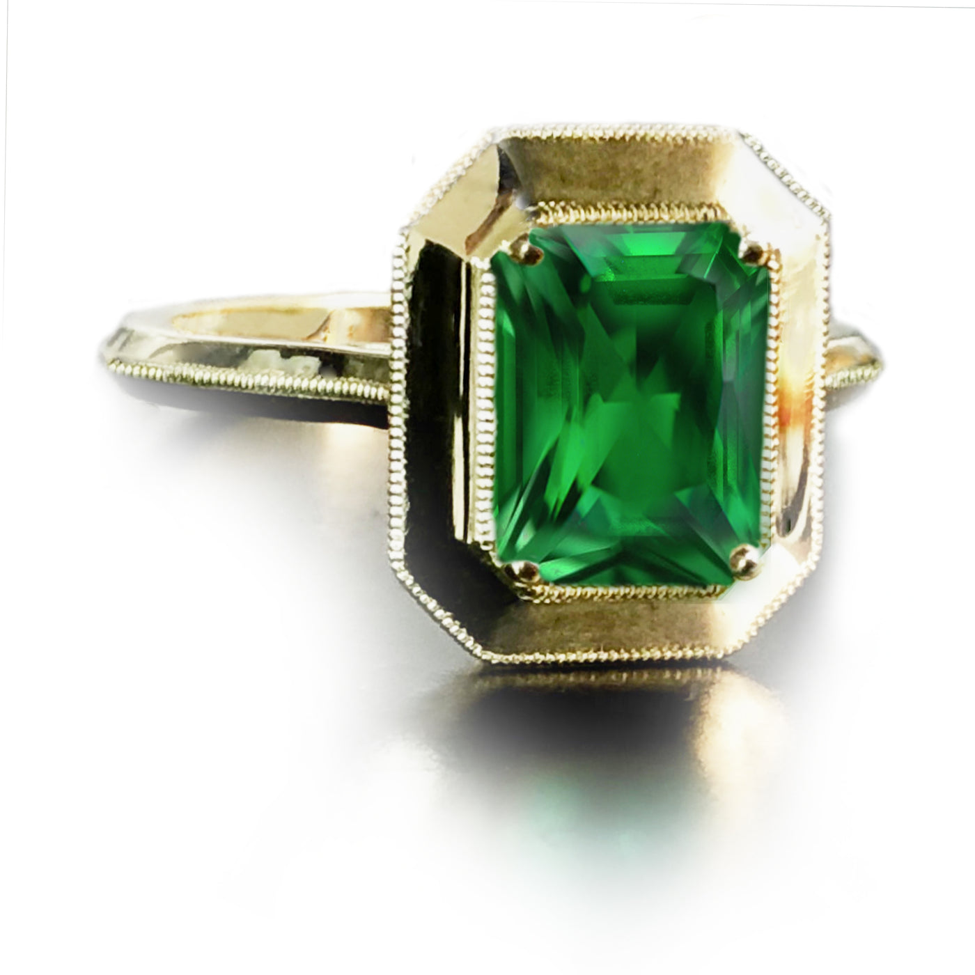 14k Yellow Gold Green Emerald Milgrain Ring - 1.40 ct