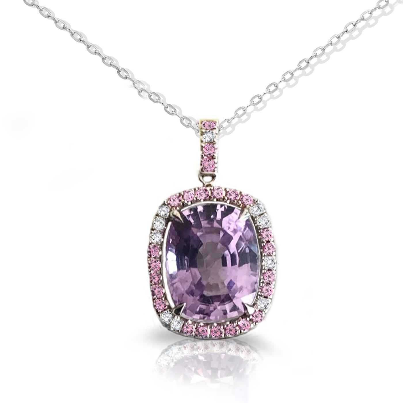 18K White Gold Lilac Spinel, Diamonds and Pink Sapphires Halo Pendant Necklace