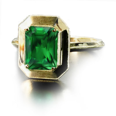 14k Yellow Gold Green Emerald Milgrain Ring - 1.40 ct