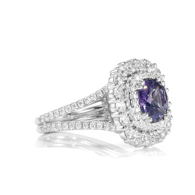 Platinum,Violet Blue Spinel Diamonds Scalloped Double Halo Engagement Ring