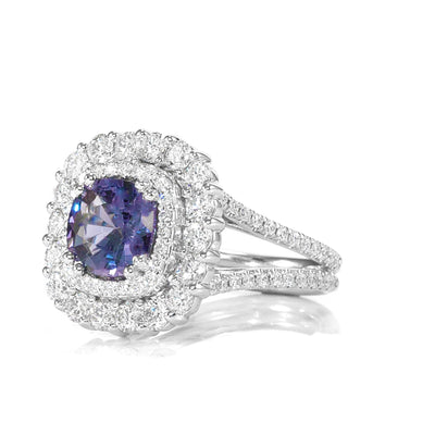 Platinum,Violet Blue Spinel Diamonds Scalloped Double Halo Engagement Ring