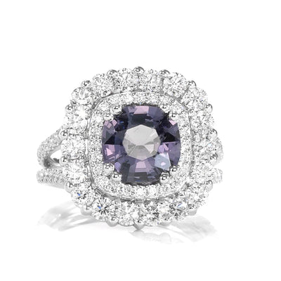 Platinum,Violet Blue Spinel Diamonds Scalloped Double Halo Engagement Ring