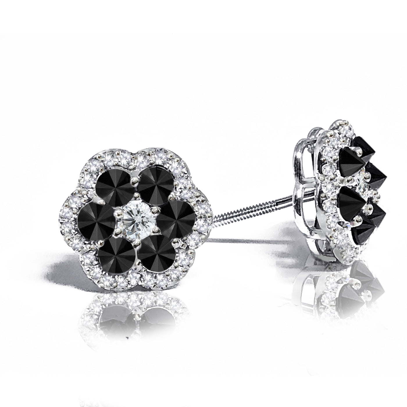 18K White Gold  Black  & White Diamond Camelia Stud Earrings