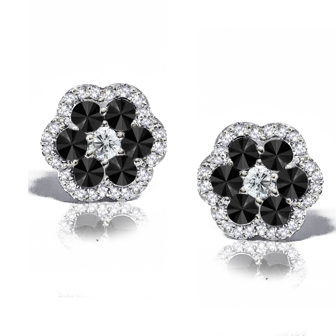 18K White Gold  Black  & White Diamond Camelia Stud Earrings