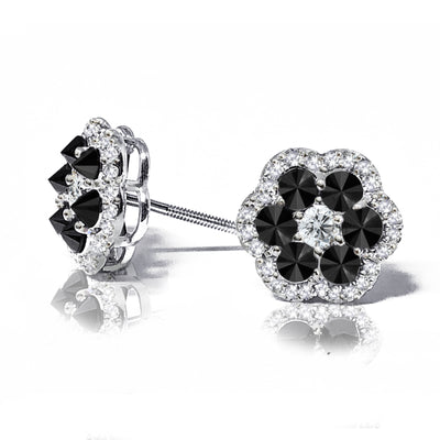 18K White Gold  Black  & White Diamond Camelia Stud Earrings