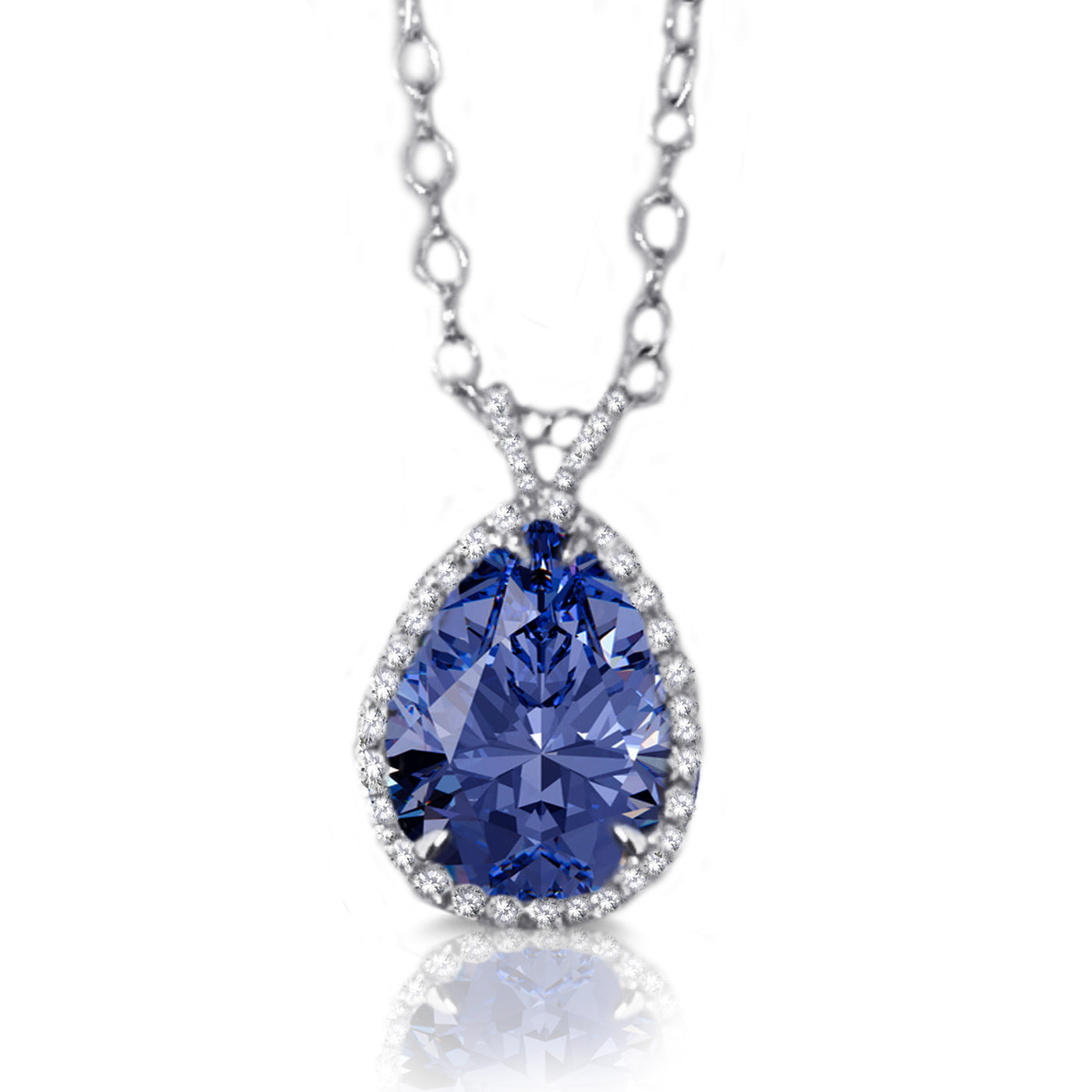 18k White Gold Blue Sapphire & Natural Diamonds Halo Pendant Necklace