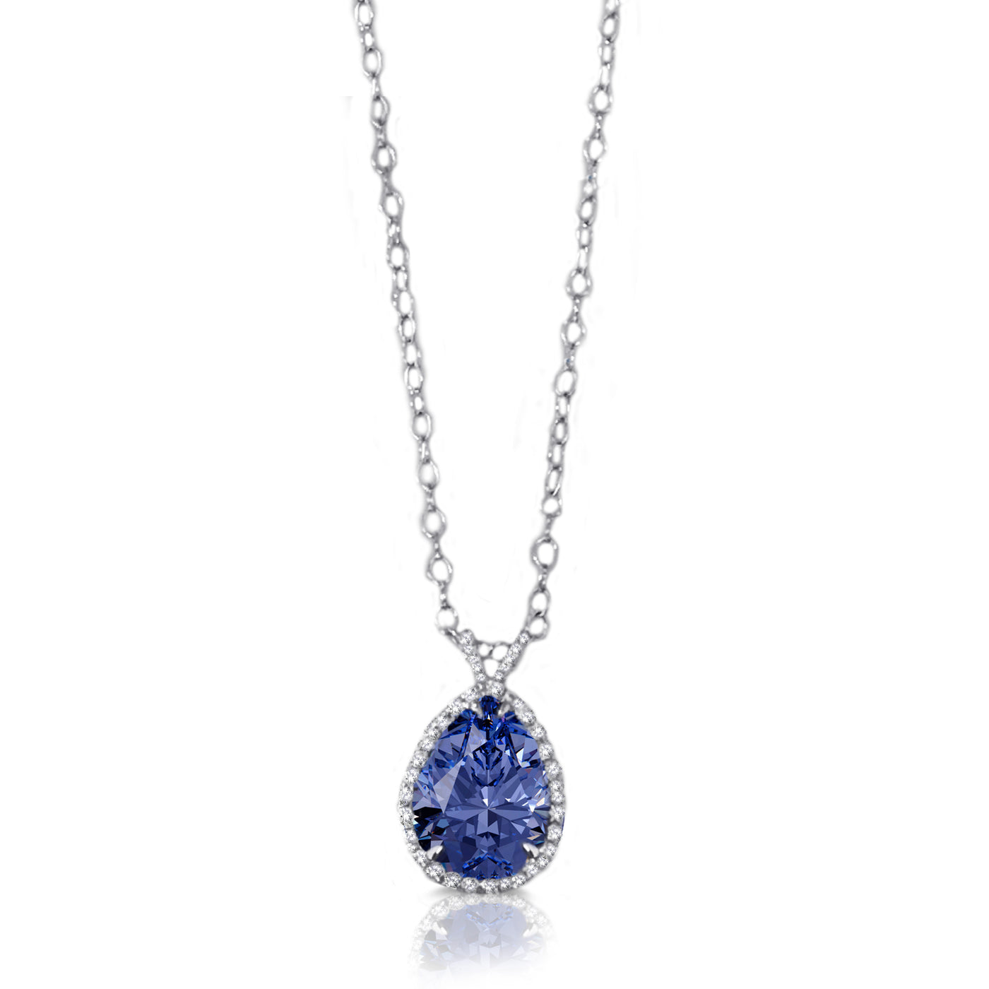 18k White Gold Blue Sapphire & Natural Diamonds Halo Pendant Necklace