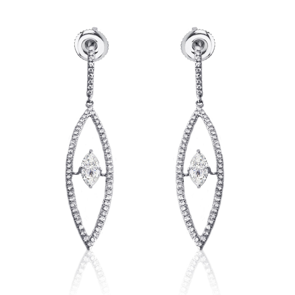 18K White Gold  Natural Diamond Floating Marquise Bridal Dangle Earrings