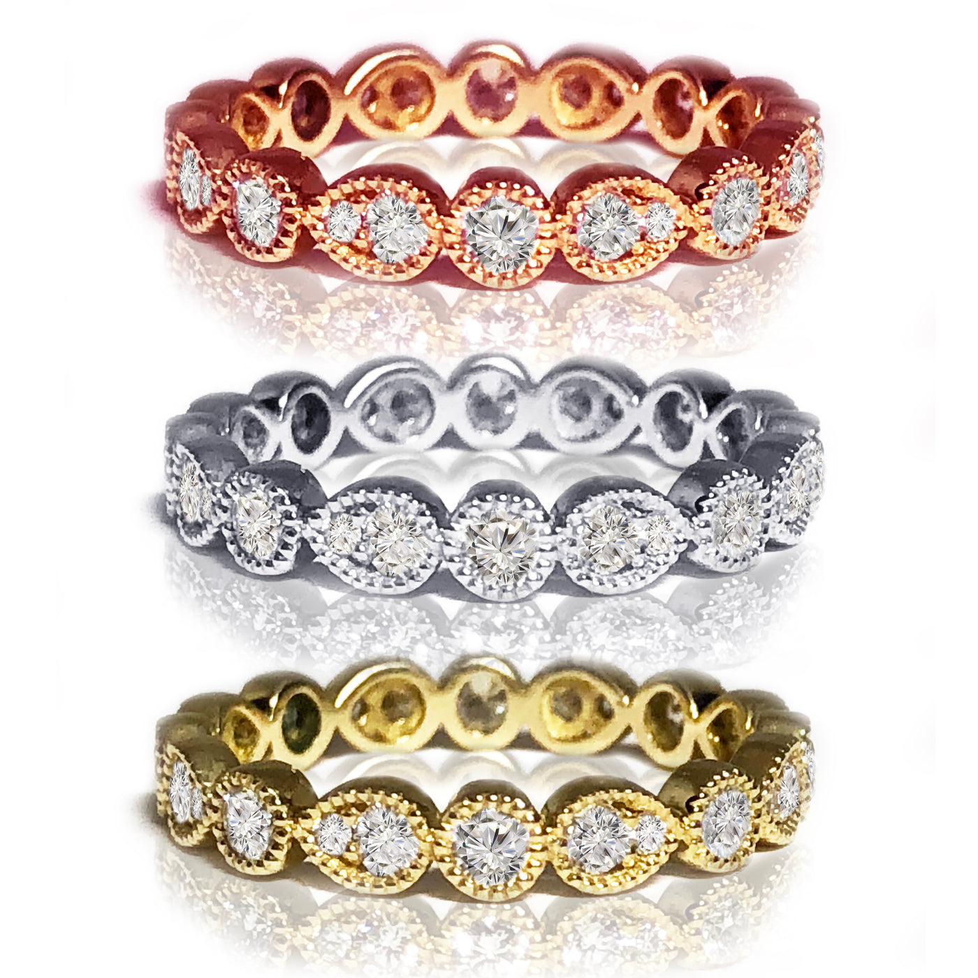 14k Rose, White or Yellow Gold Natural Diamond Stylized Milgrain Eternity wedding Band Ring