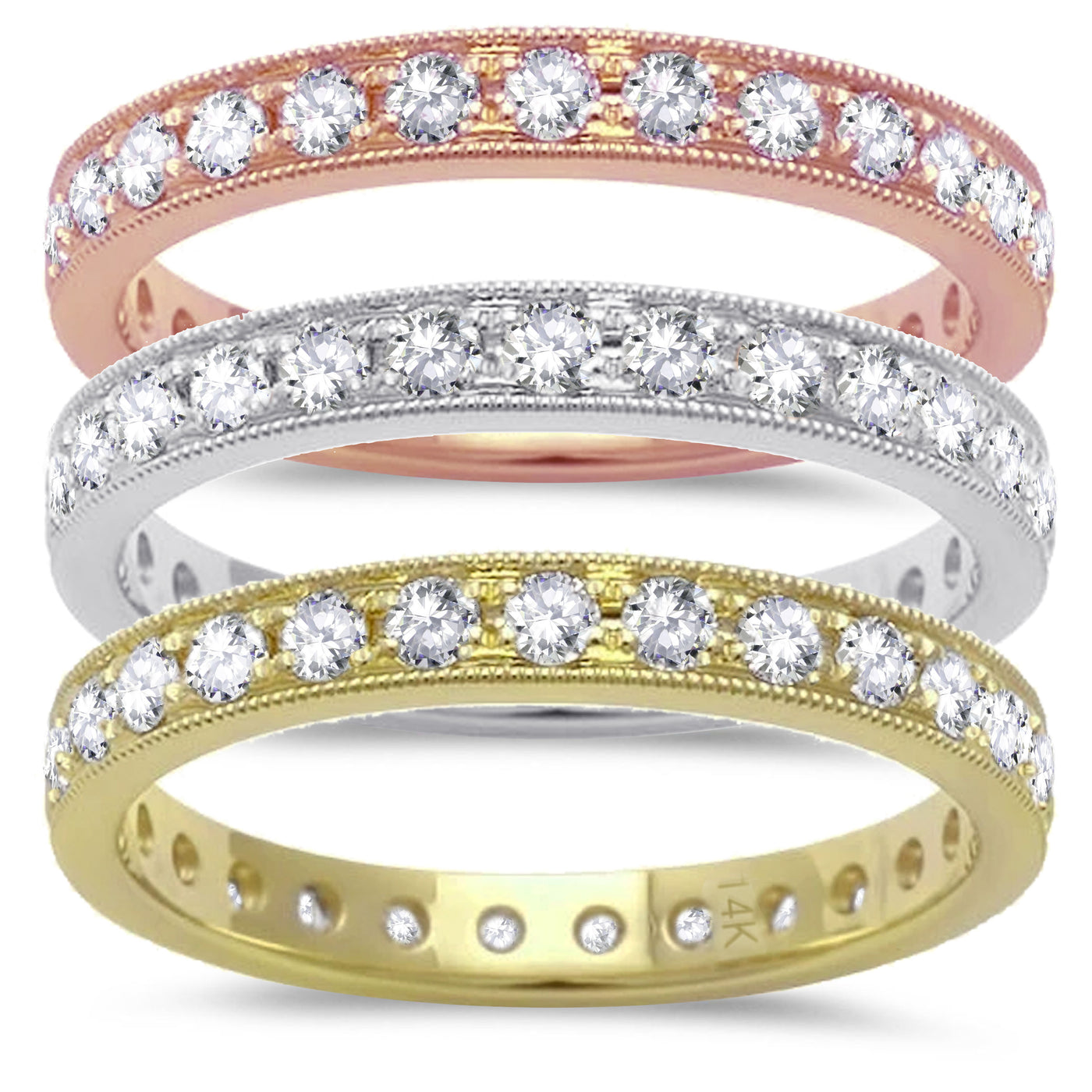 14k White, Rose or Yellow Gold Diamond Milgrain Eternity, Engagement Stackable Band Ring - .68 ct