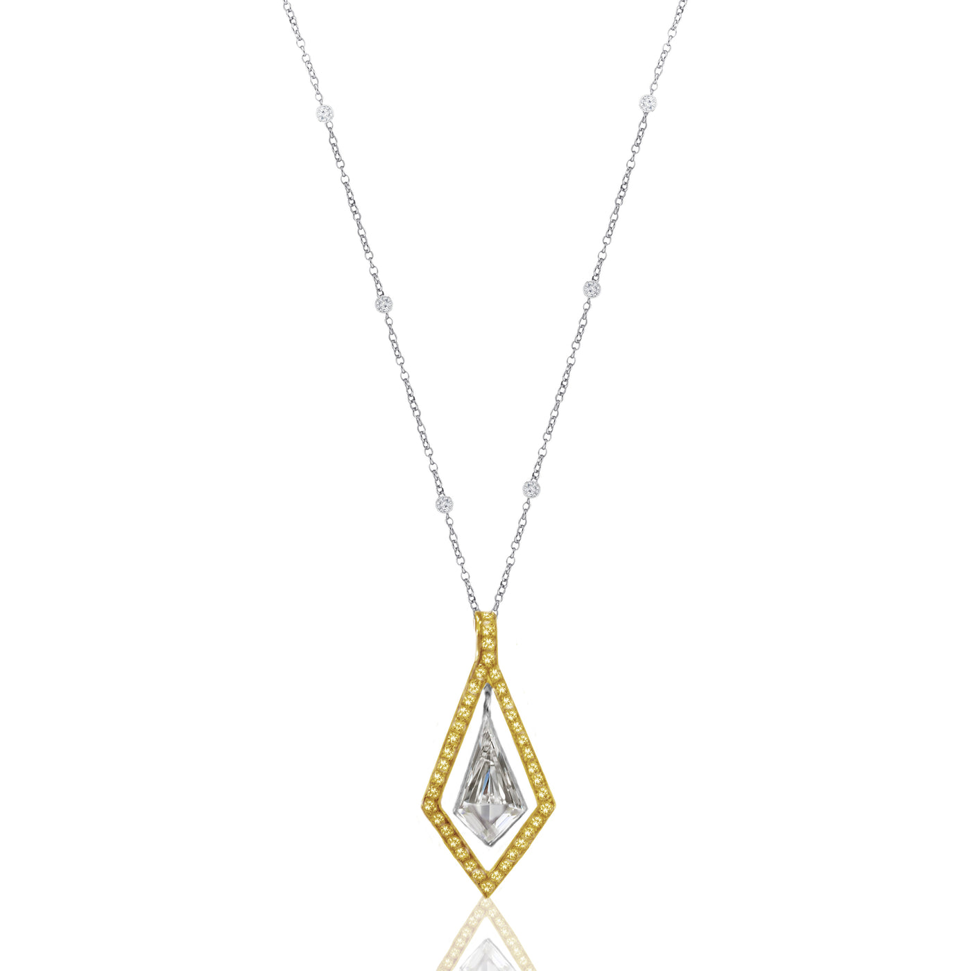 Platinum & 18K Yellow Gold Natural Noble Cut & Fancy Yellow Diamond Dangling  Pendant Necklace